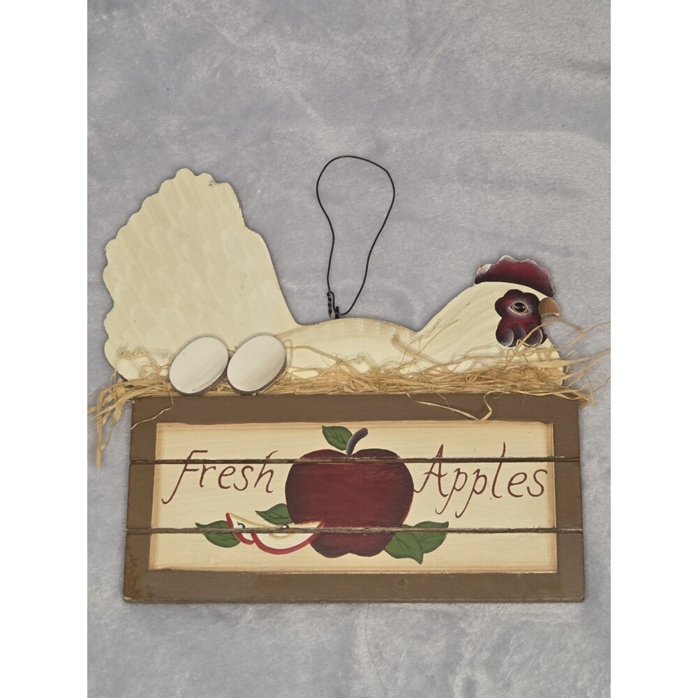Vintage Country Farmhouse Wood Wall Hanging - Hen Chicken Fresh Apples Sign...